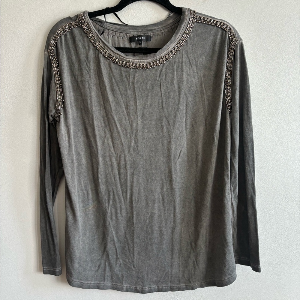 Miss Me Charcoal Embellished Long Sleeve Top